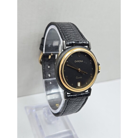 Vintage Womens Chrona Swiss Date 33mm Dress Watch New Battery Black Dial Leather main image 8